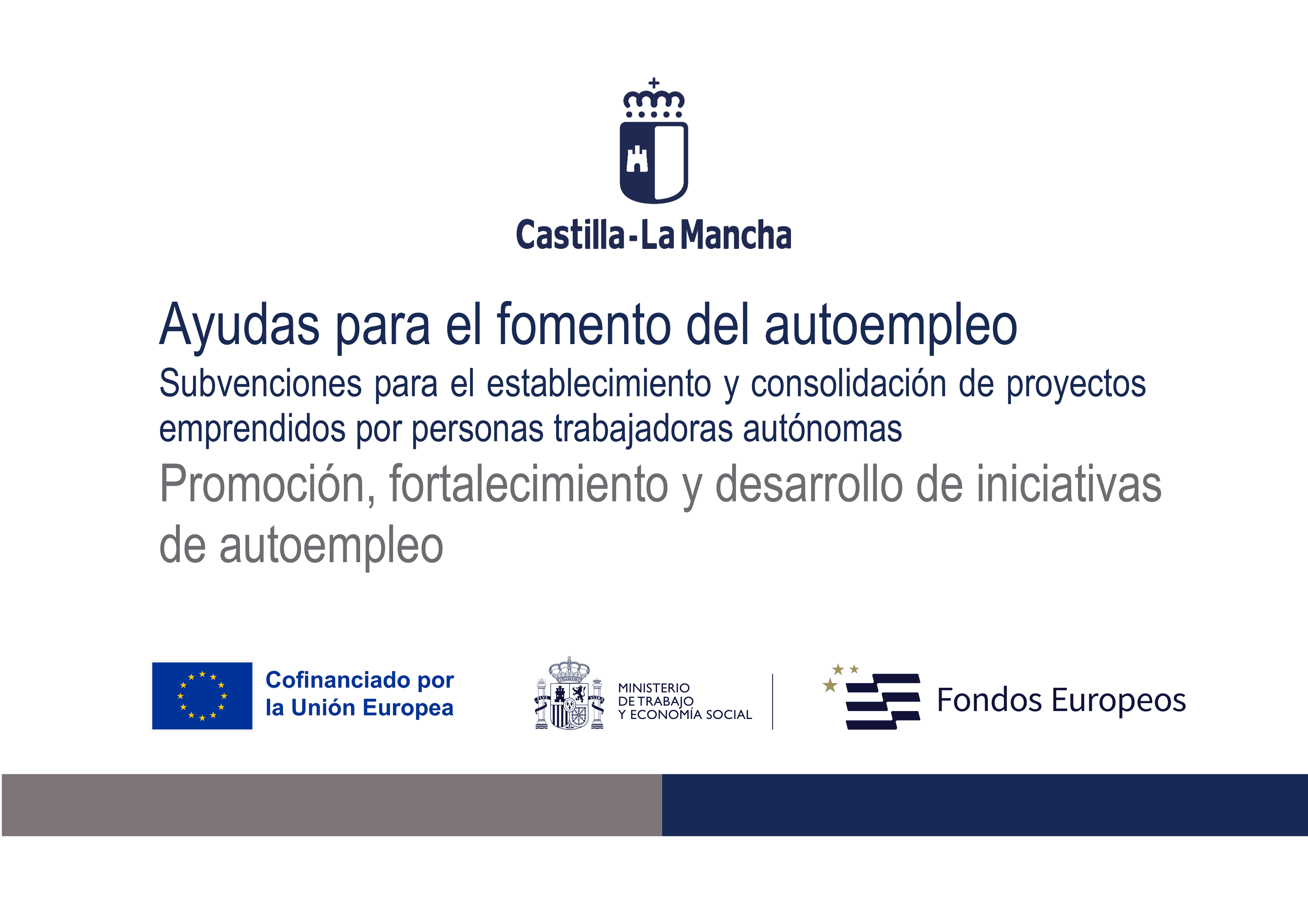Cartel «ayudas para el fomento del autoempleo» de la Junta de Comunidades de Castilla-La Mancha, cofinanciada por la Unión Europea (Fondos Europeos) y el Ministerio de Trabajo y Economía Social.